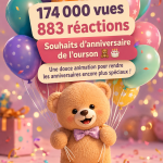 Un anniversaire joyeux avec un ours en peluche au centre de la table décorée.