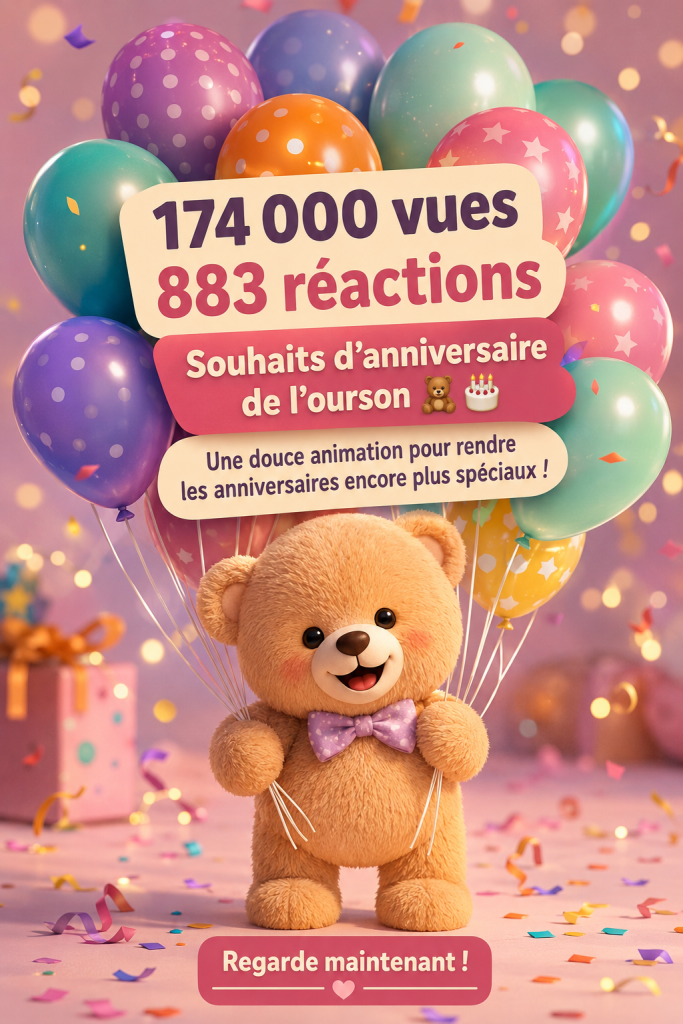 Un anniversaire joyeux avec un ours en peluche au centre de la table décorée.