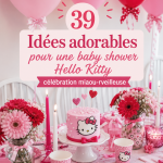 Un joli décor de baby shower sur le thème Hello Kitty avec des ballons et des décorations colorées.
