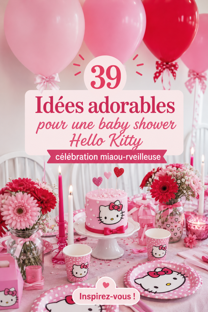 Un joli décor de baby shower sur le thème Hello Kitty avec des ballons et des décorations colorées.