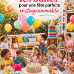 Fête d'anniversaire d'enfants avec des ballons colorés et décoratifs.