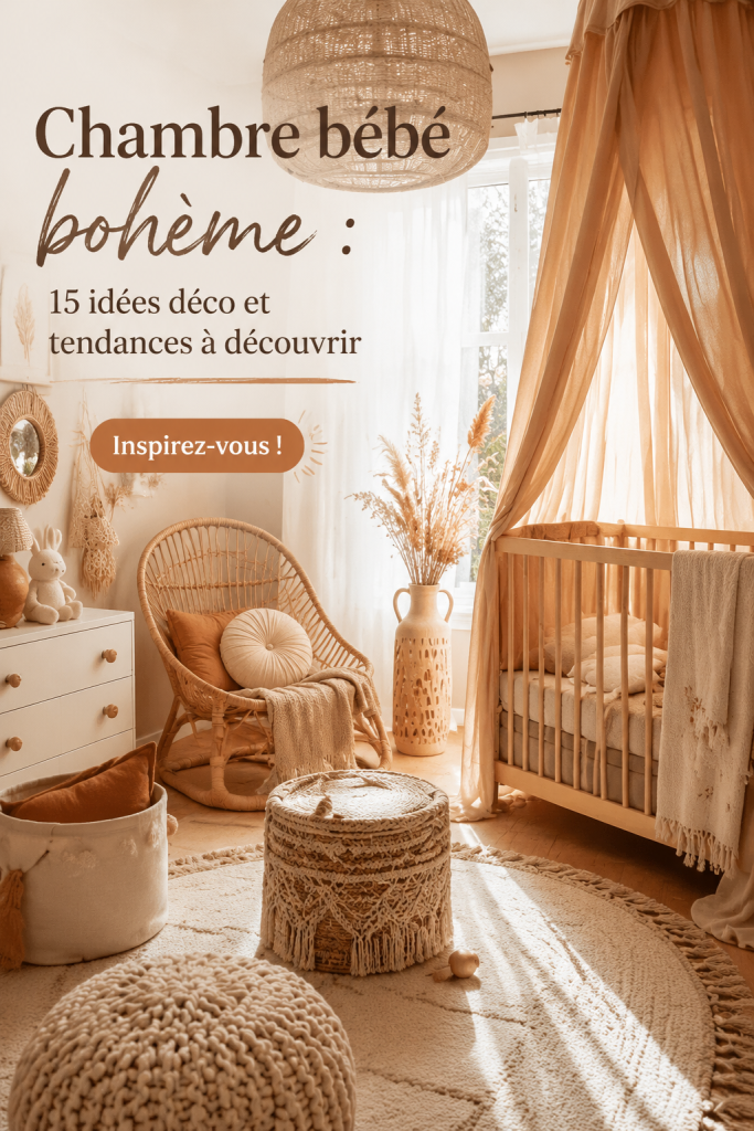 Chambre bébé décorée dans un style bohème avec des couleurs douces et des textiles variés.