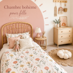 Chambre pour petite fille décorée dans un style boho avec des couleurs douces et des accessoires ludiques.