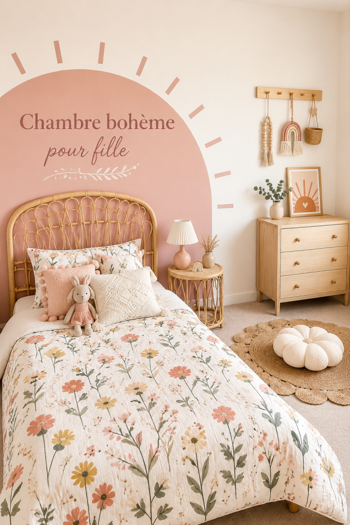Chambre pour petite fille décorée dans un style boho avec des couleurs douces et des accessoires ludiques.