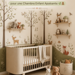 Une chambre d'enfant décorée dans un style forêt enchantée avec des couleurs apaisantes et des éléments naturels.