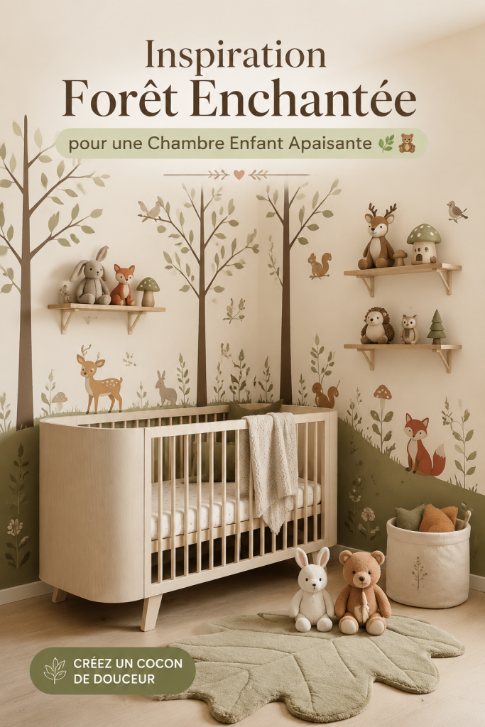 Une chambre d'enfant décorée dans un style forêt enchantée avec des couleurs apaisantes et des éléments naturels.