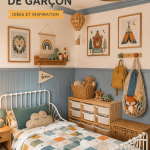 Chambre colorée pour garçon avec des posters et des meubles modernes