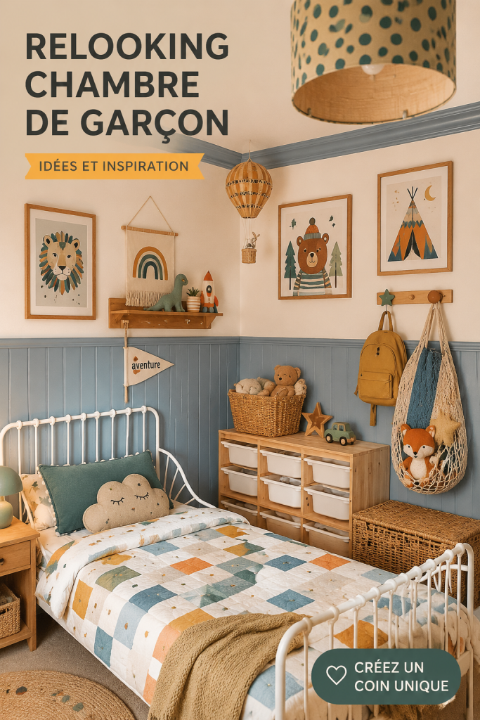 Chambre colorée pour garçon avec des posters et des meubles modernes