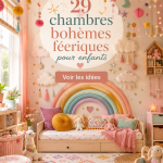 Chambre d’enfant décorée dans un style boho coloré et chaleureux.
