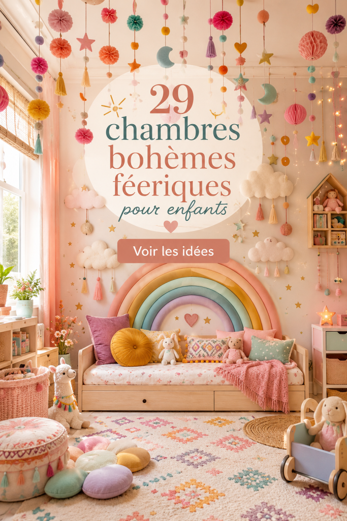 Chambre d’enfant décorée dans un style boho coloré et chaleureux.