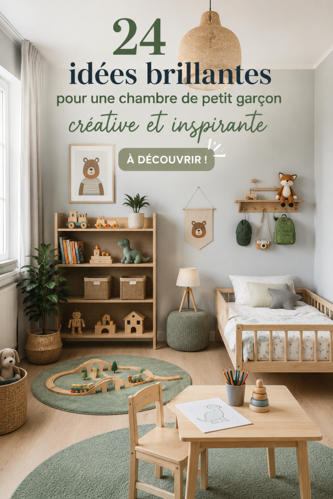 Chambre de garçon colorée avec des jouets et des éléments créatifs.