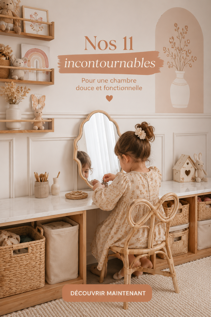 Une chambre d’enfant décorée dans un style chaleureux et créatif avec des jouets colorés et des couleurs douces.