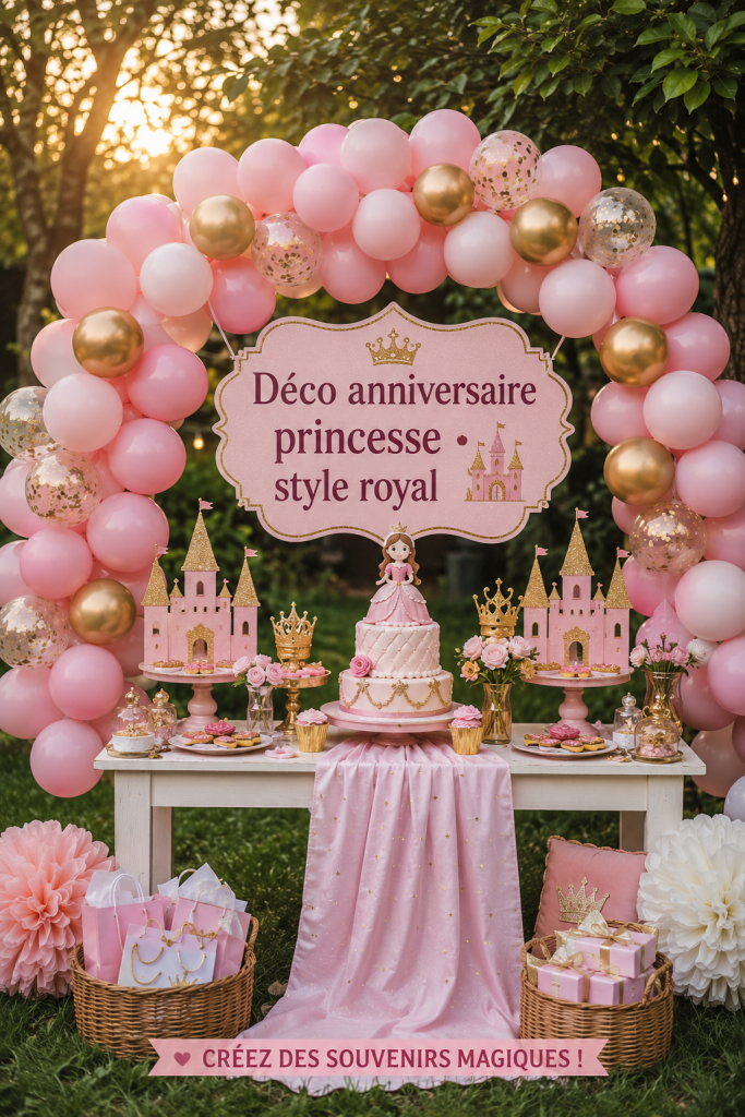 Décoration d'anniversaire sur le thème des princesses avec des éléments de style royal