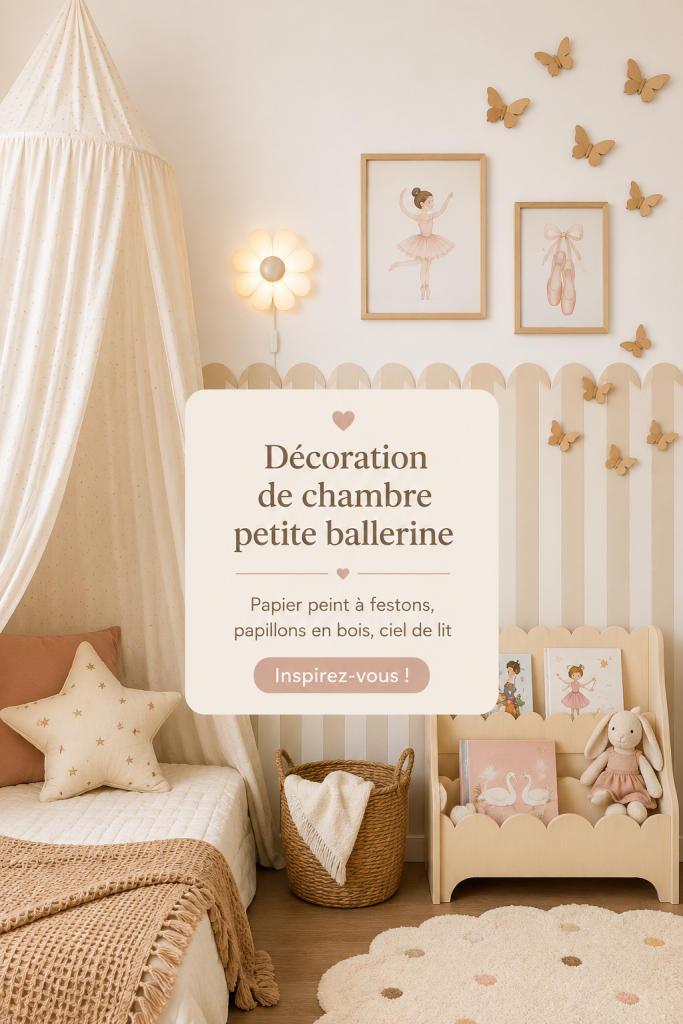 Chambre décorée sur le thème ballerine avec des accents en bois et du papier peint ondulé