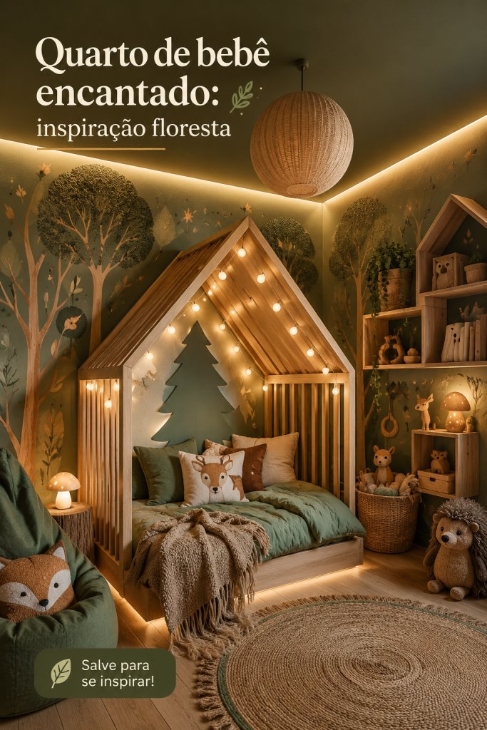 Chambre de bébé sur le thème de la forêt, avec des éléments naturels et une décoration douce.