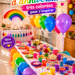 Décorations d'anniversaire colorées disposées sur une table festive