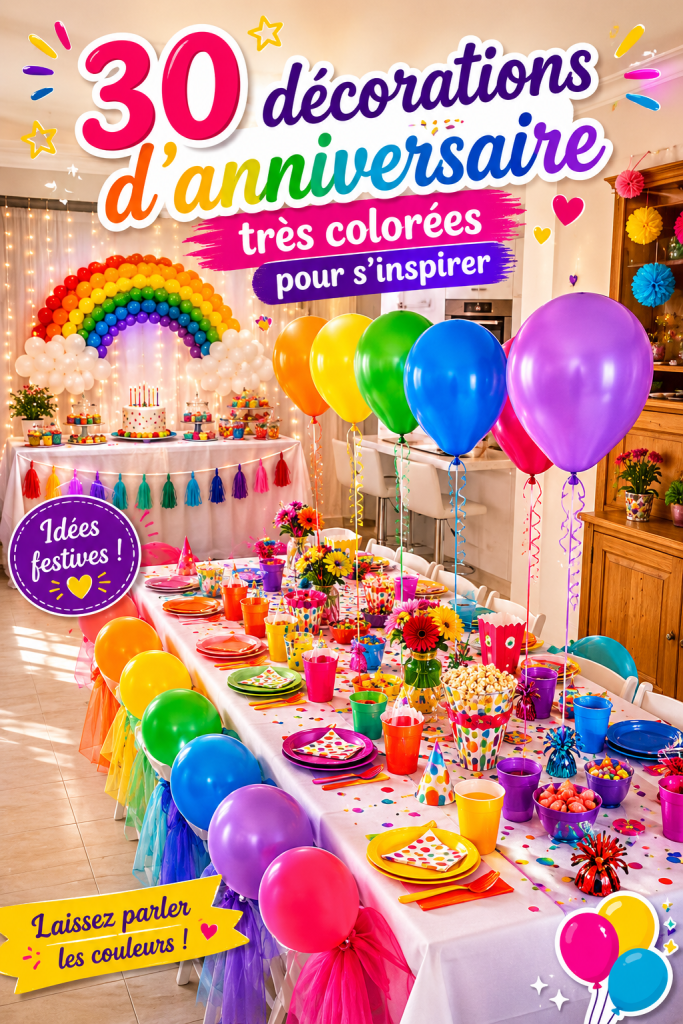 Décorations d'anniversaire colorées disposées sur une table festive