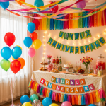 Fête d'anniversaire colorée avec ballons multicolores et décorations vives.