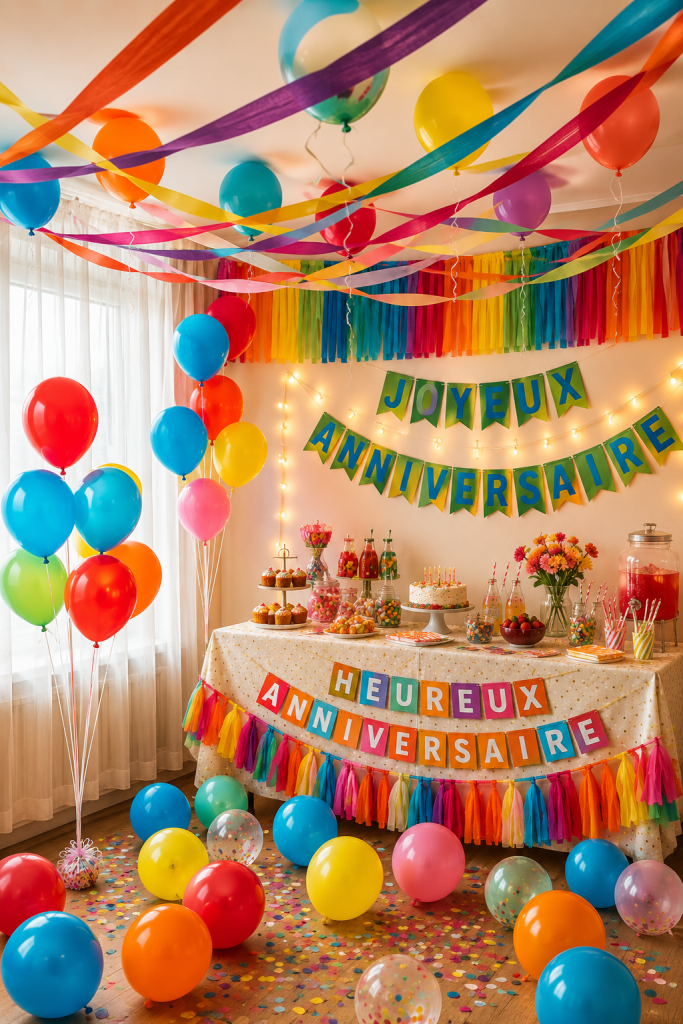 Fête d'anniversaire colorée avec ballons multicolores et décorations vives.