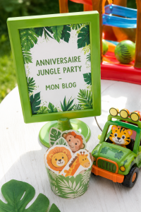 Fête d'anniversaire sur le thème de la jungle avec décorations colorées et enfants joyeux