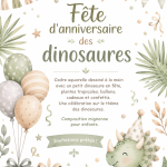 Fête d'anniversaire dino avec décoration thématique et gâteau amusant.