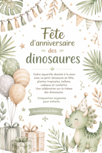 Fête d'anniversaire dino avec décoration thématique et gâteau amusant.