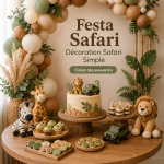Table décorée pour une fête safari avec animaux en peluche et végétation
