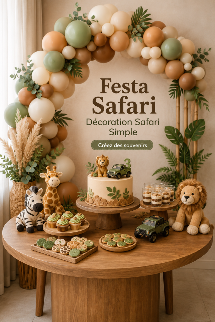 Table décorée pour une fête safari avec animaux en peluche et végétation