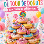 Gâteau en tour de donuts décoré, parfait pour une célébration