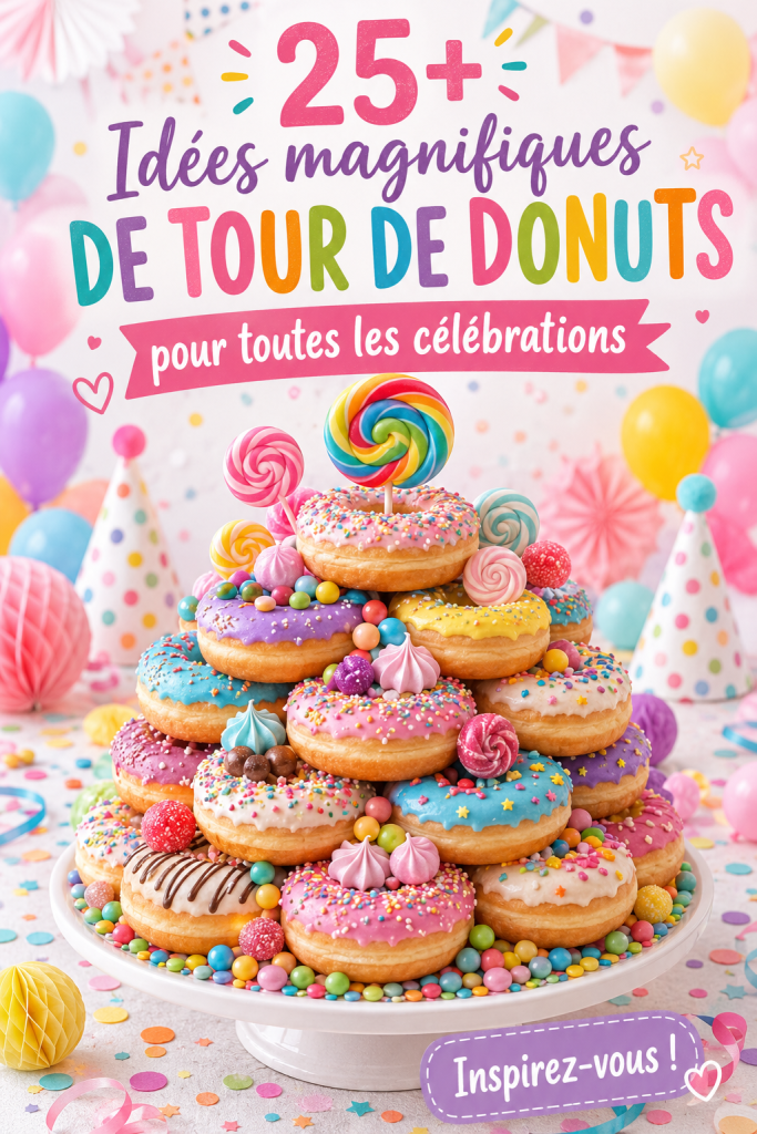 Gâteau en tour de donuts décoré, parfait pour une célébration
