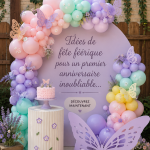 Une décoration d'anniversaire féérique avec des éléments magiques et colorés pour un jeune enfant.