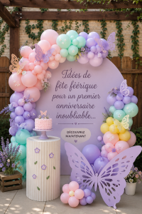 Une décoration d'anniversaire féérique avec des éléments magiques et colorés pour un jeune enfant.