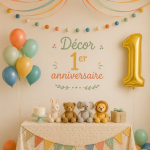 Décoration festive pour un premier anniversaire d'enfant, avec ballons et guirlandes colorées.