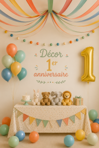 Décoration festive pour un premier anniversaire d'enfant, avec ballons et guirlandes colorées.