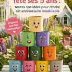 Fête d'anniversaire joyeuse pour un enfant de 5 ans avec ballons et décorations colorées.