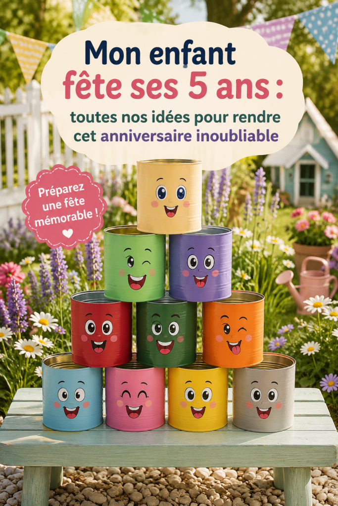 Fête d'anniversaire joyeuse pour un enfant de 5 ans avec ballons et décorations colorées.