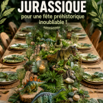Fête d'anniversaire sur le thème des dinosaures avec décorations colorées et gâteau en forme de dinosaure.