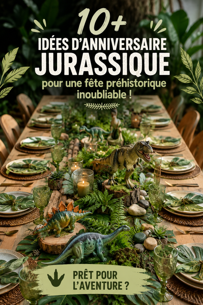 Fête d'anniversaire sur le thème des dinosaures avec décorations colorées et gâteau en forme de dinosaure.