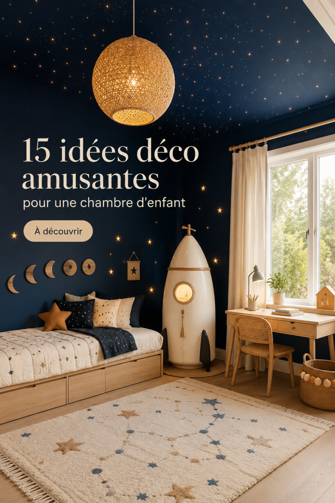 Chambre d'enfant décorée avec un thème espace lumineux et coloré.