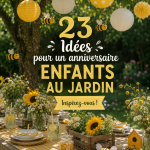 Une fête d'anniversaire colorée dans un jardin pour enfants, avec des décorations joyeuses et des jeux.