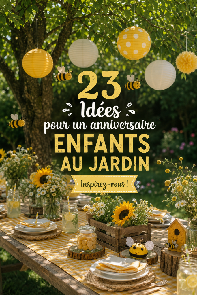 Une fête d'anniversaire colorée dans un jardin pour enfants, avec des décorations joyeuses et des jeux.