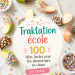 Un assortiment de goûters d'anniversaire colorés disposés sur une table d'école.