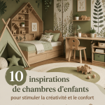 Chambre d'enfant décorée avec des couleurs apaisantes et des accessoires créatifs.