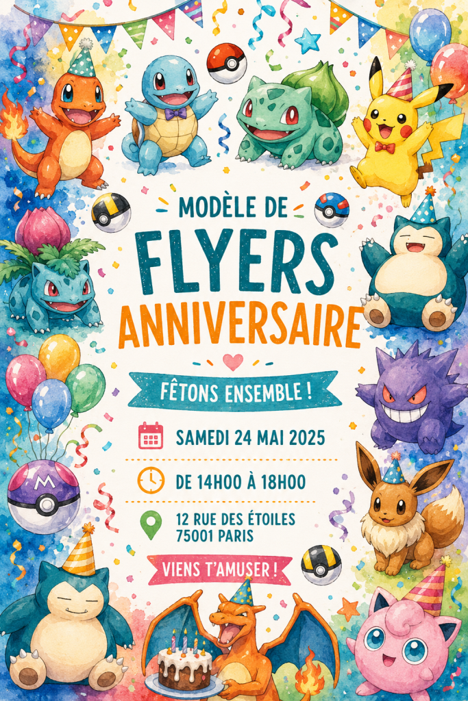 Modèle de flyer d'anniversaire coloré et festif, prêt à être personnalisé.