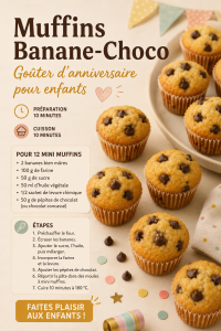 Muffins banane-choco sortant du four, dorés et moelleux