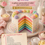 Un rainbow cake aux couleurs vives sur une table de fête