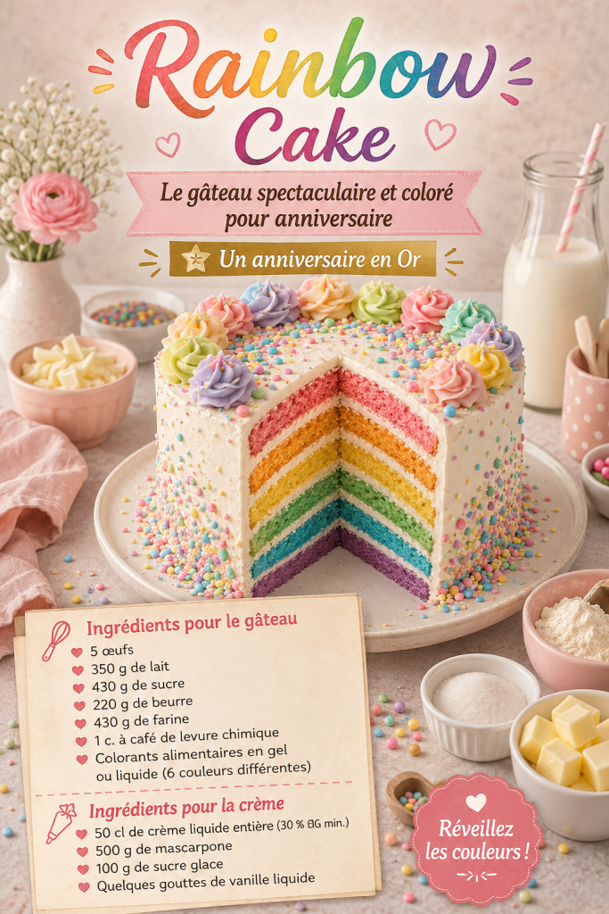 Un rainbow cake aux couleurs vives sur une table de fête