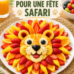 Table décorée pour une fête d'anniversaire safari avec des plats et des animaux en peluche.