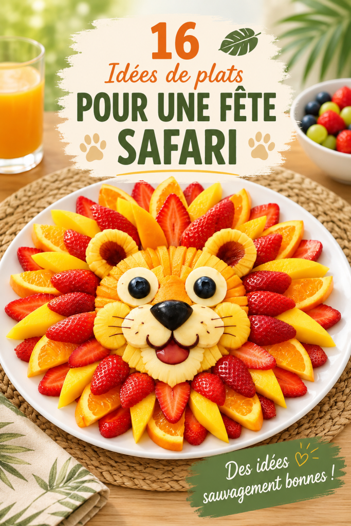 Table décorée pour une fête d'anniversaire safari avec des plats et des animaux en peluche.