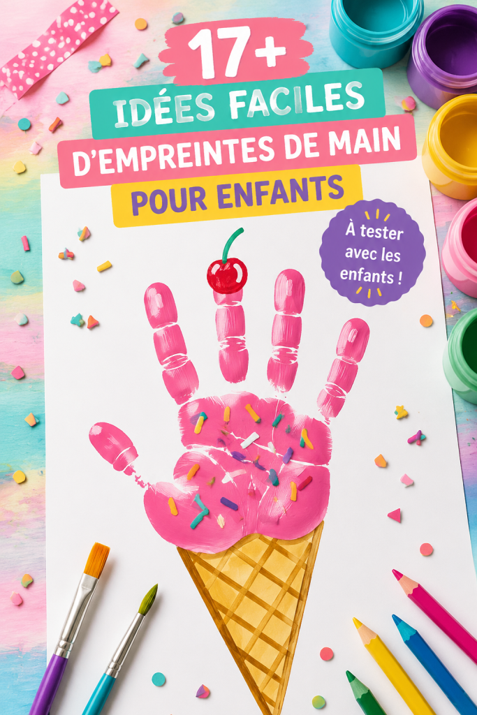 Création colorée d'un enfant avec des empreintes de mains sur une feuille.